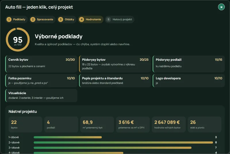 Auto fill: hodnotenie podkladov 95 zo 100 a nástrel projektu