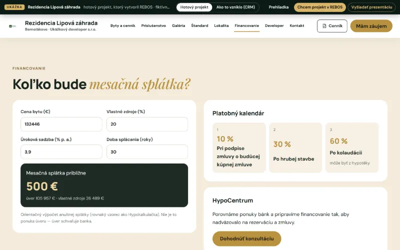 Financovanie: kalkulačka mesačnej splátky a platobný kalendár developera