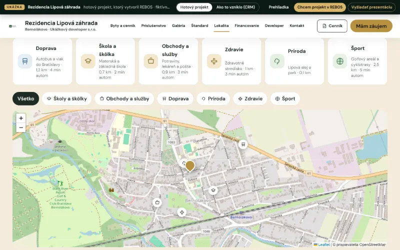 Lokalita projektu: výhody okolia po kategóriách, filtre a mapa s miestami v okolí