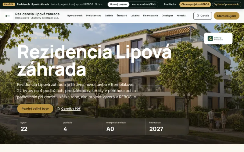 Mikrostránka fiktívneho projektu Rezidencia Lipová záhrada: vizualizácia budovy, menu projektu, 22 bytov, 4 podlažia, energetická trieda A0, kolaudácia 2027